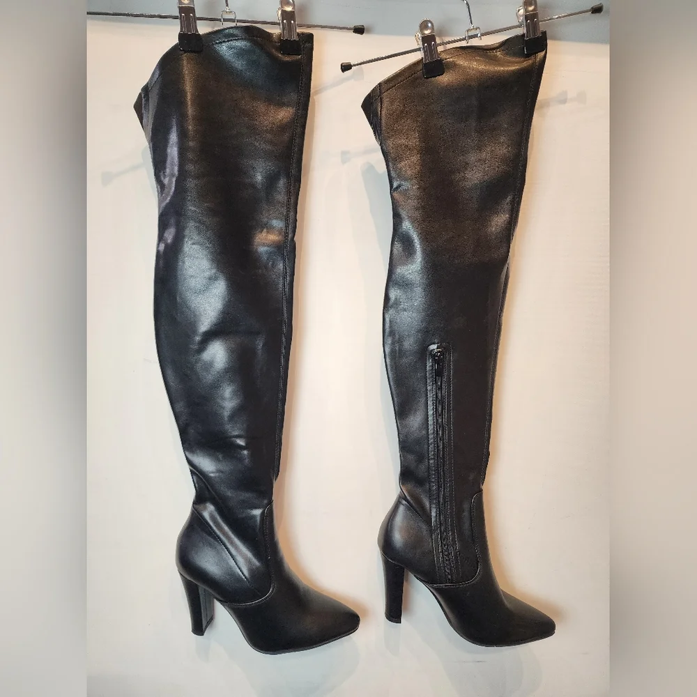 Black New Over the Knee Stiletto Boots Vegan Zip Design Size 37 EU / 6.5 US‎